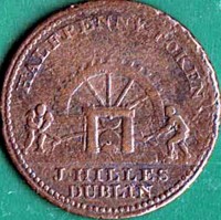 reverse of 1/2 Penny - George III - Dublin - Hilles Ironmongers (1813) coin from Ireland. Inscription: HALFPENNY TOKEN J · HILLES DUBLIN