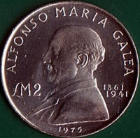 Malta coin 2 Pounds - Alfonso Maria Galea (1975) reverse reverse of 2 Pounds - Alfonso Maria Galea (1975) coin with KM# 31 from Malta. Inscription: ALFONSO MARIA GALEA £M2 1861 1941 1975
