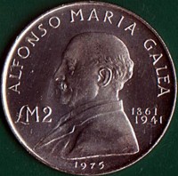 reverse of 2 Pounds - Alfonso Maria Galea (1975) coin with KM# 31 from Malta. Inscription: ALFONSO MARIA GALEA £M2 1861 1941 1975