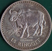 Malaysia coin 15 Ringgit - Agong VI - World Wildlife Conservation (1976) reverse reverse of 15 Ringgit - Agong VI - World Wildlife Conservation (1976) coin with KM# 19 from Malaysia. Inscription: SELADANG 15 RINGGIT