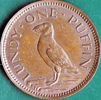 reverse of 1 Puffin - Martin Coles Harman (1929) coin with X# Tn2 from United Kingdom. Inscription: LUNDY · ONE · PUFFIN