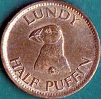 United Kingdom coin 1/2 Puffin - Martin Coles Harman (1929) reverse reverse of 1/2 Puffin - Martin Coles Harman (1929) coin with X# Tn1 from United Kingdom. Inscription: LUNDY HALF PUFFIN