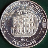 reverse of 5 Dollars - Elizabeth II - Clarence House (1994) coin with KM# 69 from Fiji. Inscription: QUEEN ELIZABETH THE QUEEN MOTHER HER LONDON HOME CLARENCE HOUSE 1994 FIVE DOLLARS