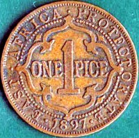 reverse of 1 Pice - Victoria (1897 - 1899) coin with KM# 1 from British East Africa. Inscription: EAST AFRICA PROTECTORATE ONE 1 PICE 1897
