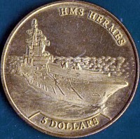 Nauru coin 5 Dollars - Elizabeth II - H.M.S. Hermes (2016) reverse reverse of 5 Dollars - Elizabeth II - H.M.S. Hermes (2016) coin from Nauru. Inscription: HMS HERMES 5 DOLLARS
