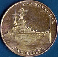 reverse of 5 Dollars - Elizabeth II - H.M.S. Royal Oak (2016) coin from Nauru. Inscription: HMS ROYAL OAK 5 DOLLARS