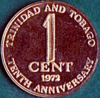 reverse of 1 Cent - Elizabeth II - 10th Anniversary of Independence (1972) coin with KM# 9 from Trinidad and Tobago. Inscription: TRINIDAD AND TOBAGO 1 CENT 1972 TENTH ANNIVERSARY