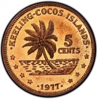 Australia coin 5 Cents - 150 Years - Kingdom of the Cocos (Keeling) Islands (1977) reverse reverse of 5 Cents - 150 Years - Kingdom of the Cocos (Keeling) Islands (1977) coin from Australia. Inscription: KEELING-COCOS ISLANDS 5 CENTS 1977