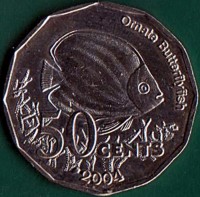 reverse of 50 Cents - Elizabeth II (2004) coin from Australia. Inscription: Ornate Butterflyfish 50 CENTS 2004