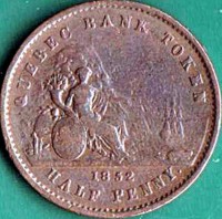 Canadian provinces coin 1/2 Penny - Victoria (1852) reverse reverse of 1/2 Penny - Victoria (1852) coin with KM# Tn20 from Canadian provinces. Inscription: QUEBEC BANK TOKEN 1852 HALF PENNY
