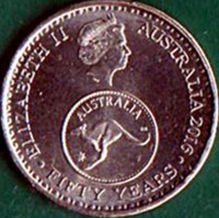obverse of 5 Cents - Elizabeth II - 50 Years of Decimal Currency in Australia (2016) coin from Australia. Inscription: ELIZABETH II AUSTRALIA 2016 AUSTRALIA FIFTY YEARS