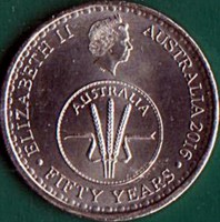 obverse of 10 Cents - Elizabeth II - 50 Years of Decimal Currency in Australia - 4'th Portrait (2016) coin from Australia. Inscription: ELIZABETH II AUSTRALIA 2016 AUSTRALIA FIFTY YEARS