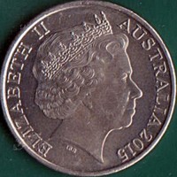 obverse of 20 Cents - Elizabeth II - Anzacs Remembered: Wartime Animals - 4'th Portrait (2015) coin from Australia. Inscription: ELIZABETH II AUSTRALIA 2015 IRB