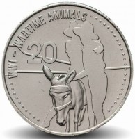 Australia coin 20 Cents - Elizabeth II - Anzacs Remembered: Wartime Animals - 4'th Portrait (2015) reverse reverse of 20 Cents - Elizabeth II - Anzacs Remembered: Wartime Animals - 4'th Portrait (2015) coin from Australia. Inscription: WW1 - WARTIME ANIMALS 20