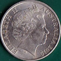 obverse of 20 Cents - Elizabeth II - Anzacs Remembered: World War I - 4'th Portrait (2015) coin from Australia. Inscription: ELIZABETH II AUSTRALIA 2015 IRB