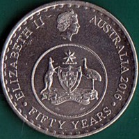 obverse of 20 Cents - Elizabeth II - 50 Years of Decimal Currency in Australia - 4'th Portrait (2016) coin with KM# 2223 from Australia. Inscription: ELIZABETH II AUSTRALIA 2016 ADVANCE AUSTRALIA FIFTY YEARS IRB
