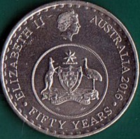 Australia coin 20 Cents - Elizabeth II - 50 Years of Decimal Currency in Australia - 4'th Portrait (2016) obverse obverse of 20 Cents - Elizabeth II - 50 Years of Decimal Currency in Australia - 4'th Portrait (2016) coin with KM# 2223 from Australia. Inscription: ELIZABETH II AUSTRALIA 2016 ADVANCE AUSTRALIA FIFTY YEARS IRB