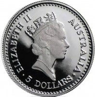 Australia coin 5 Dollars - Elizabeth II - Koala - 3'rd Portrait (1989 - 1990) obverse obverse of 5 Dollars - Elizabeth II - Koala - 3'rd Portrait (1989 - 1990) coin from Australia. Inscription: ELIZABETH II AUSTRALIA 5 DOLLARS RDM