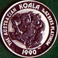 Australia coin 5 Dollars - Elizabeth II - Koala - 3'rd Portrait (1989 - 1990) reverse reverse of 5 Dollars - Elizabeth II - Koala - 3'rd Portrait (1989 - 1990) coin from Australia. Inscription: THE AUSTRALIAN KOALA 1/20 OZ 9995 PLATINUM MT P 1990