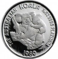 Australia coin 5 Dollars - Elizabeth II - Koala - 3'rd Portrait (1989 - 1990) reverse reverse of 5 Dollars - Elizabeth II - Koala - 3'rd Portrait (1989 - 1990) coin from Australia. Inscription: THE AUSTRALIAN KOALA 1/20 OZ 9995 PLATINUM MT P 1990