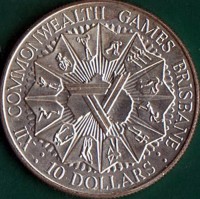 reverse of 10 Dollars - Elizabeth II - 12th Commonwealth Games, Brisbane - 2'nd Portrait (1982) coin with KM# 75 from Australia. Inscription: XII COMMONWEALTH GAMES BRISBANE : 10 DOLLARS :