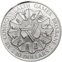 Australia coin 10 Dollars - Elizabeth II - 12th Commonwealth Games, Brisbane - 2'nd Portrait (1982) reverse reverse of 10 Dollars - Elizabeth II - 12th Commonwealth Games, Brisbane - 2'nd Portrait (1982) coin with KM# 75 from Australia. Inscription: XII COMMONWEALTH GAMES BRISBANE : 10 DOLLARS :