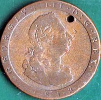 obverse of 1 Penny - George III (1798 - 1813) coin with KM# 11 from Isle of Man. Inscription: GEORGIVS III . D:G . REX 1798