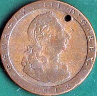 Isle of Man coin 1 Penny - George III (1798 - 1813) obverse obverse of 1 Penny - George III (1798 - 1813) coin with KM# 11 from Isle of Man. Inscription: GEORGIVS III . D:G . REX 1798