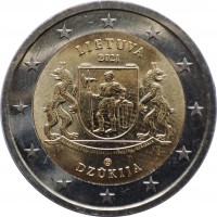 Lithuania coin 2 Euro - Lithuanian Ethnographic Regions: Dzūkija (2021) obverse obverse of 2 Euro - Lithuanian Ethnographic Regions: Dzūkija (2021) coin from Lithuania. Inscription: LIETUVA 2021 EX GENTE BELICOSISSIMA POPULUS LABORIOSUS DZŪKIJA