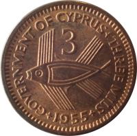 Cyprus coin 3 Mils - Elizabeth II - 1'st Portrait (1955) reverse reverse of 3 Mils - Elizabeth II - 1'st Portrait (1955) coin with KM# 33 from Cyprus. Inscription: GOVERNMENT OF CYPRUS+THREE MILS 3 +1955+