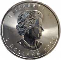 obverse of 5 Dollars - Elizabeth II - 4'th Portrait (2014 - 2022) coin with KM# 1601 from Canada. Inscription: ELIZABETH II 5 DOLLARS 2022