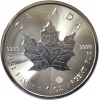 Canada coin 5 Dollars - Elizabeth II - 4'th Portrait (2014 - 2022) reverse reverse of 5 Dollars - Elizabeth II - 4'th Portrait (2014 - 2022) coin with KM# 1601 from Canada. Inscription: CANADA 9999 9999 FINE SILVER 1 OZ ARGENT PUR