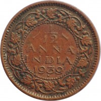 reverse of 1/12 Anna - George VI (1938 - 1939) coin with KM# 526 from India. Inscription: 1/12 ANNA INDIA 1939