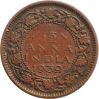 India coin 1/12 Anna - George VI (1938 - 1939) reverse reverse of 1/12 Anna - George VI (1938 - 1939) coin with KM# 526 from India. Inscription: 1/12 ANNA INDIA 1939