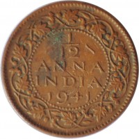 reverse of 1/12 Anna - George VI (1939 - 1942) coin with KM# 527 from India. Inscription: 1/12 ANNA INDIA 1941