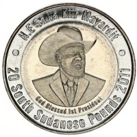 South Sudan coin 20 Pounds - Independence of South Sudan - Without flag (2011) reverse H.E Salve Kiir Mayardit. God Blessed 1st President 20 Sudanese Pounds 2011.