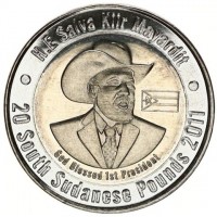 reverse of 20 Pounds - Independence of South Sudan - With flag (2011) coin from South Sudan. Inscription: * Republic of South Sudan * Commemorative for Independence 9th July 2011