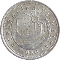 obverse of 2 Cents (1986) coin with KM# 79 from Malta. Inscription: · REPUBBLIKA · TA'· MALTA · 1986