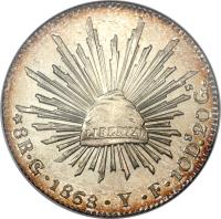 Mexico coin 8 Reales (1824 - 1897) reverse reverse of 8 Reales (1824 - 1897) coin with KM# 377 from Mexico. Inscription: LIBERTAD 8R.CN.1895.A.M.10Ds.20Gs.