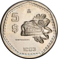 reverse of 5 Pesos (1980 - 1985) coin with KM# 485 from Mexico. Inscription: 5$ QUETZALCOATL 1981