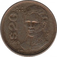 reverse of 20 Pesos (1985 - 1990) coin with KM# 508 from Mexico. Inscription: $20 1988