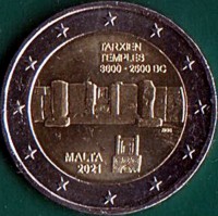 Malta coin 2 Euro - Malta's Prehistoric Monuments: Tarxien Temples (2021) obverse obverse of 2 Euro - Malta's Prehistoric Monuments: Tarxien Temples (2021) coin from Malta. Inscription: TARXIEN TEMPLES 3.600 - 2.500 BC NGB MALTA 2021