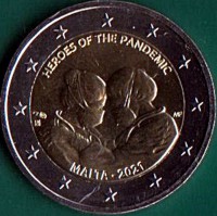 obverse of 2 Euro - Heroes of the Pandemic (2021) coin from Malta. Inscription: HEROES OF THE PANDEMIC MALTA 2021 MF