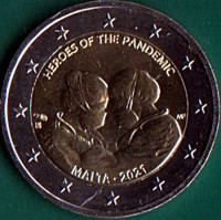 Malta coin 2 Euro - Heroes of the Pandemic (2021) obverse obverse of 2 Euro - Heroes of the Pandemic (2021) coin from Malta. Inscription: HEROES OF THE PANDEMIC MALTA 2021 MF