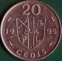 reverse of 20 Cedis (1991 - 1999) coin with KM# 30 from Ghana. Inscription: 20 19 97 CEDIS
