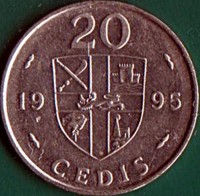Ghana coin 20 Cedis (1991 - 1999) reverse reverse of 20 Cedis (1991 - 1999) coin with KM# 30 from Ghana. Inscription: 20 19 97 CEDIS