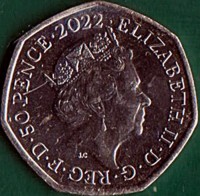obverse of 50 Pence - Elizabeth II - 70th anniversary of accession of Queen Elizabeth II (2022) coin from United Kingdom. Inscription: ELIZABETH II · D · G · REG · F · D · 50 PENCE · 2022 · J.C