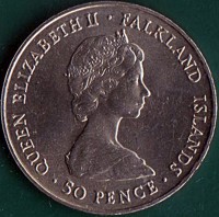 Falkland Islands coin 50 Pence - Elizabeth II - Liberation of the Falkland Islands & the end of the Falkland Islands War (1982) obverse obverse of 50 Pence - Elizabeth II - Liberation of the Falkland Islands & the end of the Falkland Islands War (1982) coin with KM# 18 from Falkland Islands. Inscription: QUEEN ELIZABETH II · FALKLAND ISLANDS · 50 PENCE ·