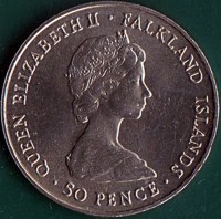 obverse of 50 Pence - Elizabeth II - Liberation of the Falkland Islands & the end of the Falkland Islands War (1982) coin with KM# 18 from Falkland Islands. Inscription: QUEEN ELIZABETH II · FALKLAND ISLANDS · 50 PENCE ·