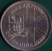 Falkland Islands coin 50 Pence - Elizabeth II - Liberation of the Falkland Islands & the end of the Falkland Islands War (1982) reverse reverse of 50 Pence - Elizabeth II - Liberation of the Falkland Islands & the end of the Falkland Islands War (1982) coin with KM# 18 from Falkland Islands. Inscription: LIBERATION DESIRE THE RIGHT 14th JUNE 1982